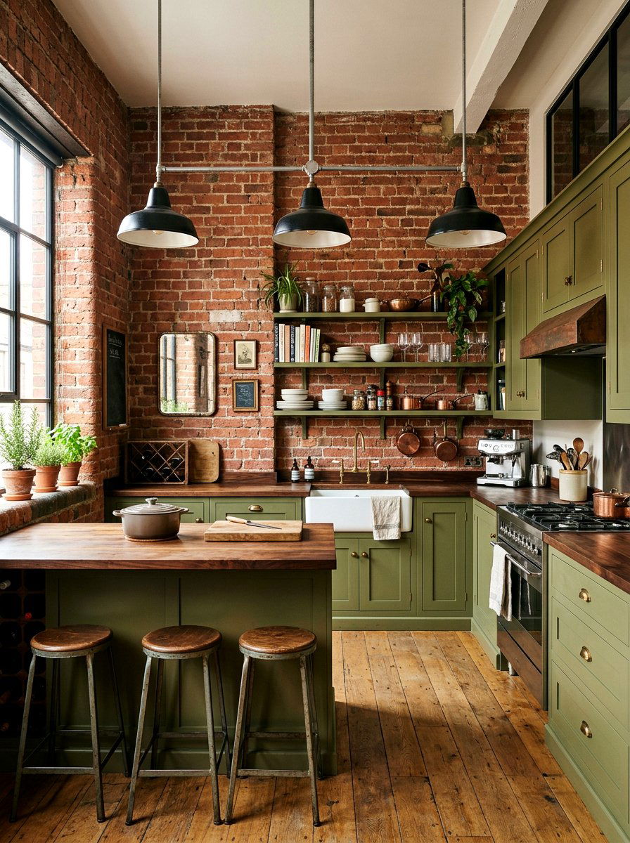 Olive Green Kitchen With Brick Walls - 30 olive green kitchen aesthetic ideas