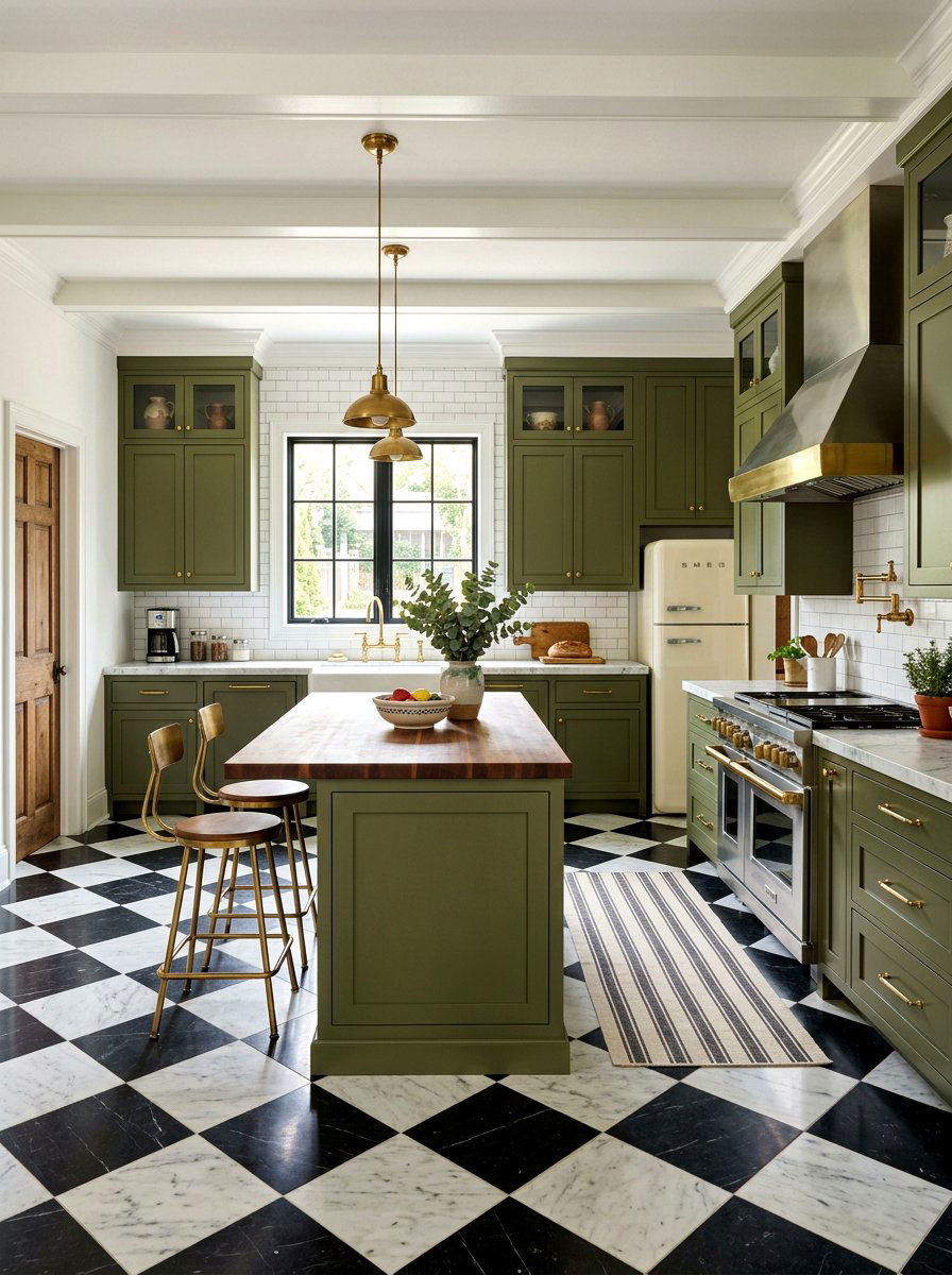 Olive Green Kitchen With Checkerboard Floors - 30 olive green kitchen aesthetic ideas