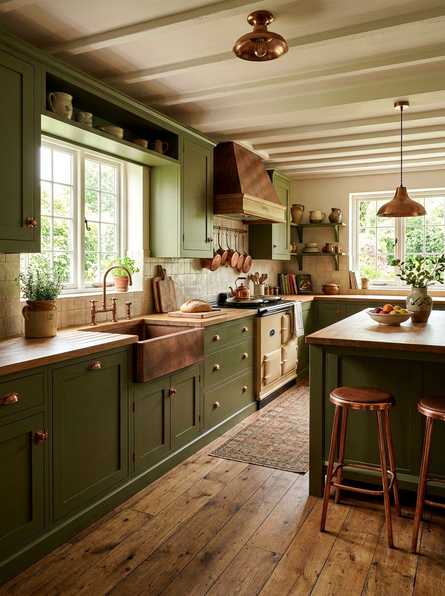 Olive Green Kitchen With Copper Hardware - 30 olive green kitchen aesthetic ideas