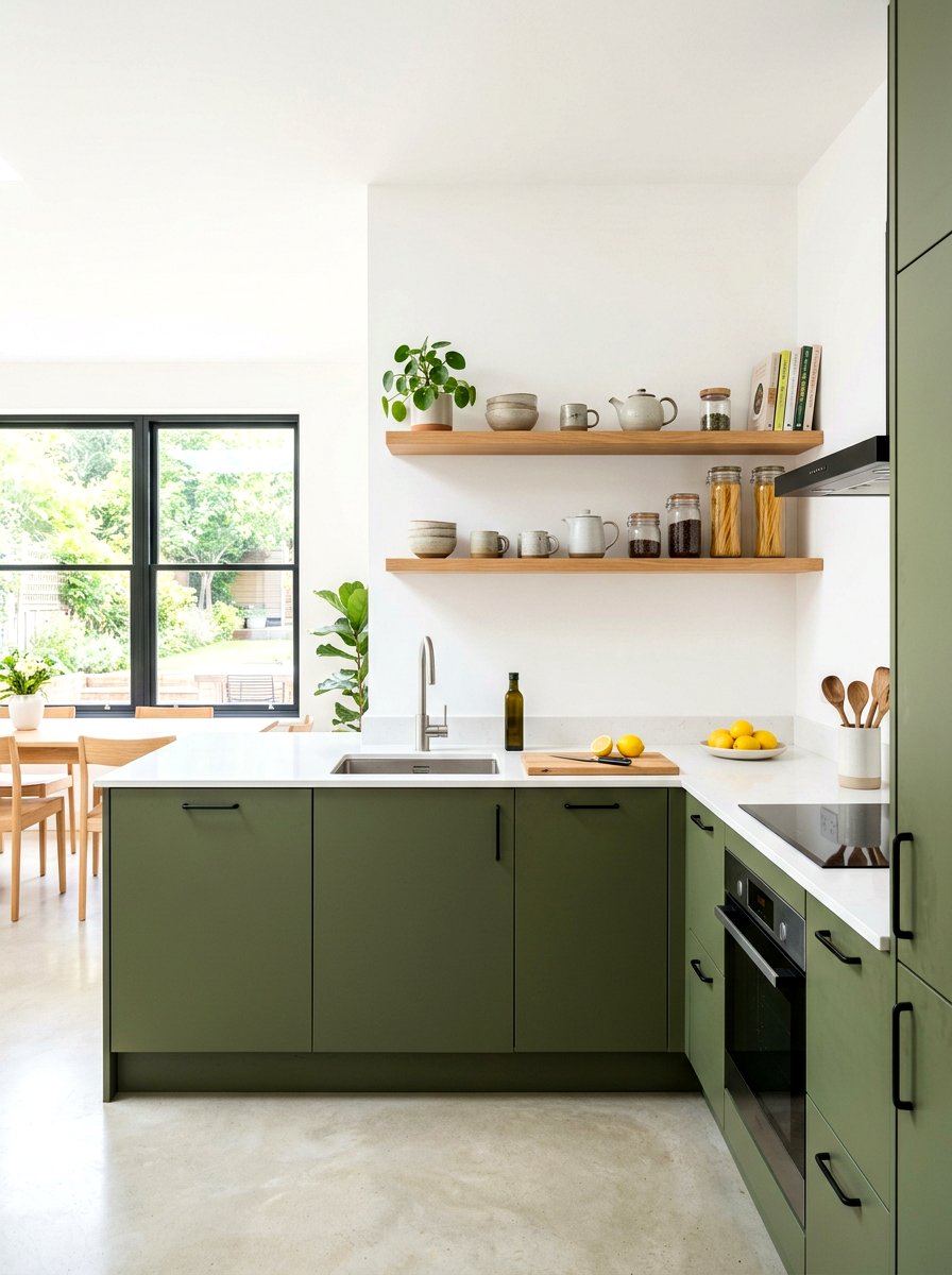 Olive Green Kitchen With Floating Shelves - 30 olive green kitchen aesthetic ideas