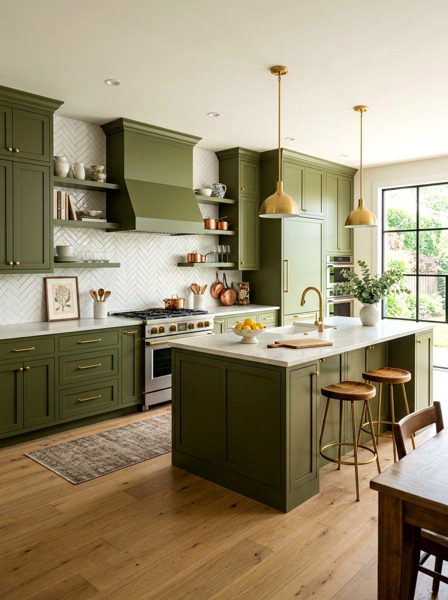 Olive Green Kitchen With Herringbone Backsplash - 30 olive green kitchen aesthetic ideas