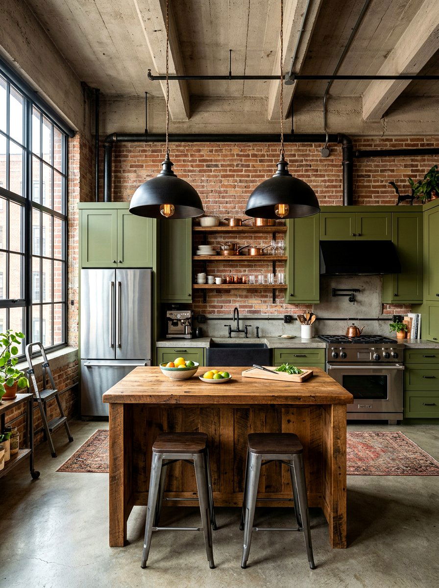 Olive Green Kitchen With Industrial Lighting - 30 olive green kitchen aesthetic ideas