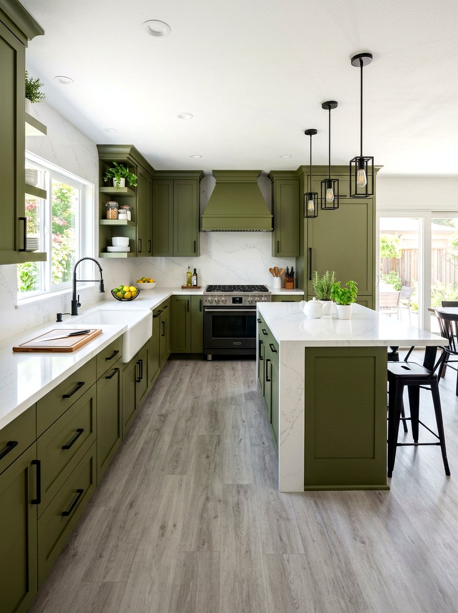 Olive Green Kitchen With White Quartz - 30 olive green kitchen aesthetic ideas