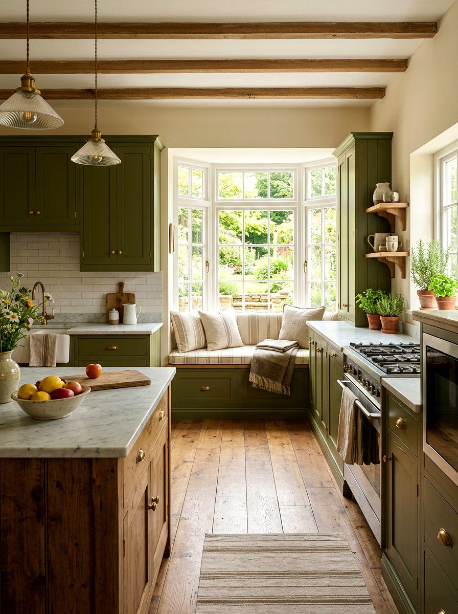 Olive Green Kitchen With Window Seat - 30 olive green kitchen aesthetic ideas
