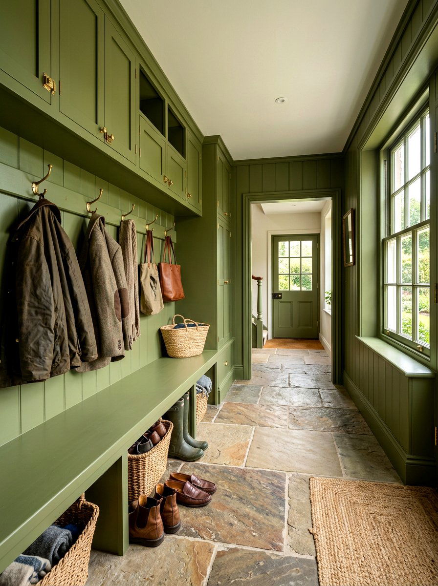 Olive Green Mudroom - 30 color drenched small room ideas
