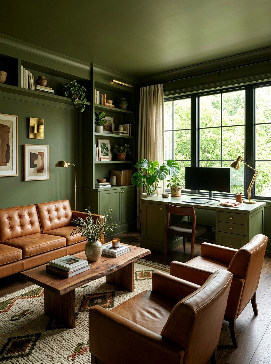 Olive Green Office - 30 color drenched office ideas