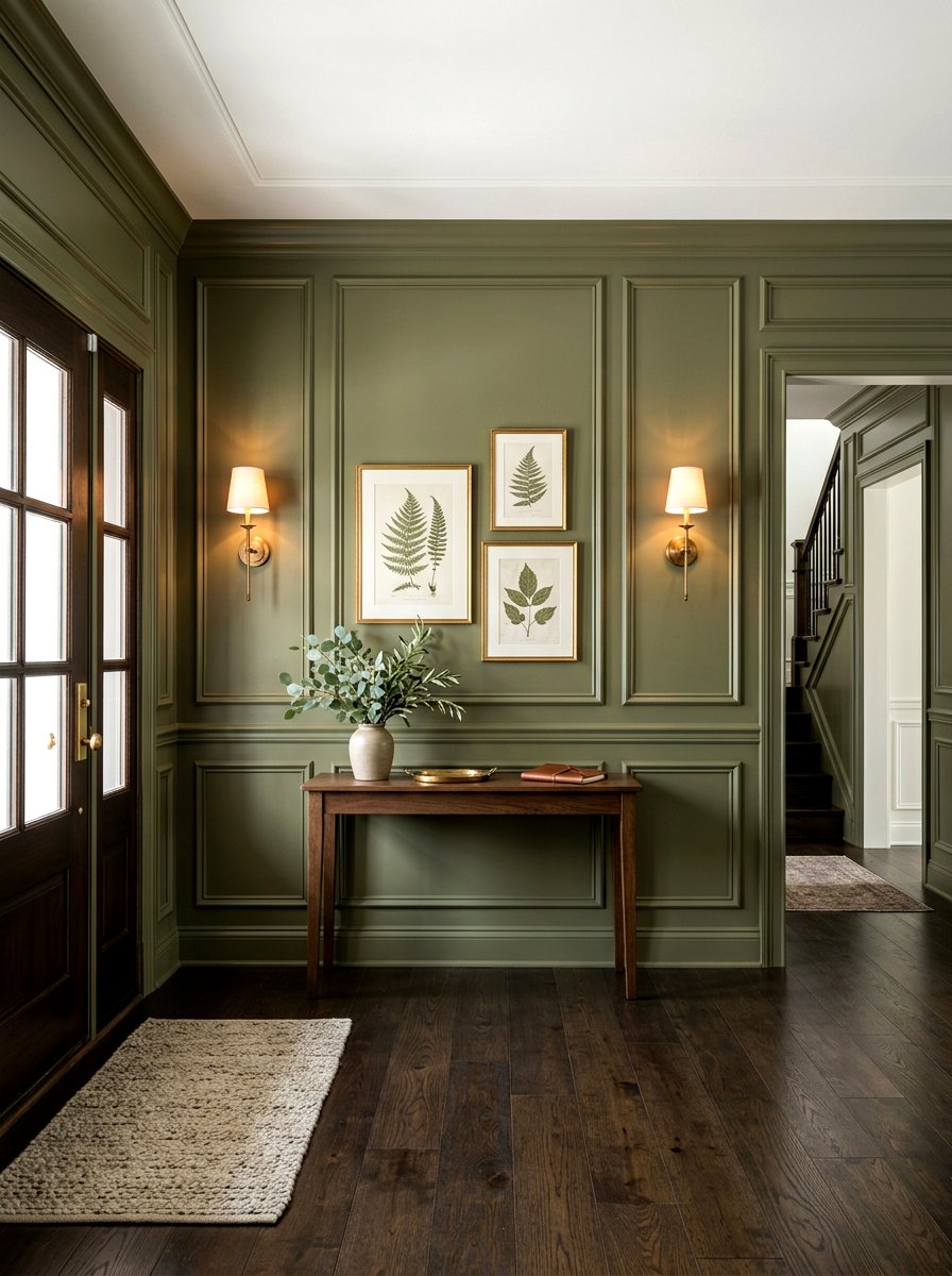 Olive Green Panelled Foyer - 30 trim drenched foyer ideas