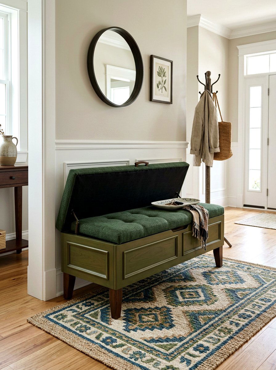 Olive Green Storage Bench - 30 hidden ottoman storage ideas