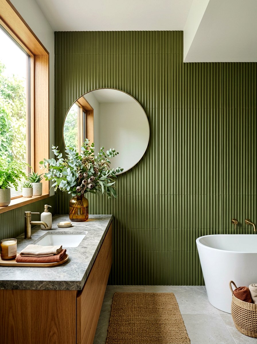 Olive Green Textured Wall Tile - 30 colorful bathroom tile ideas