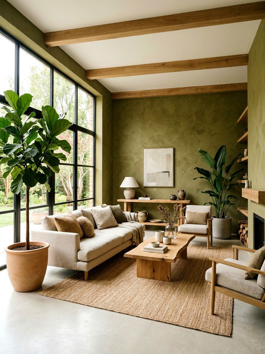 Olive Green Textured Walls - 30 dark green living room ideas