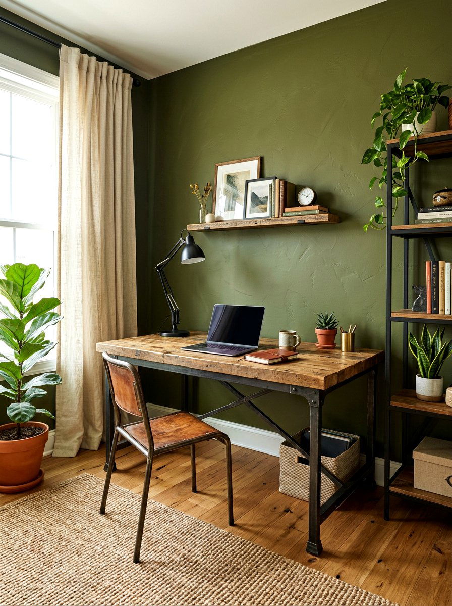 Olive Green Wall - 30 office accent paint ideas