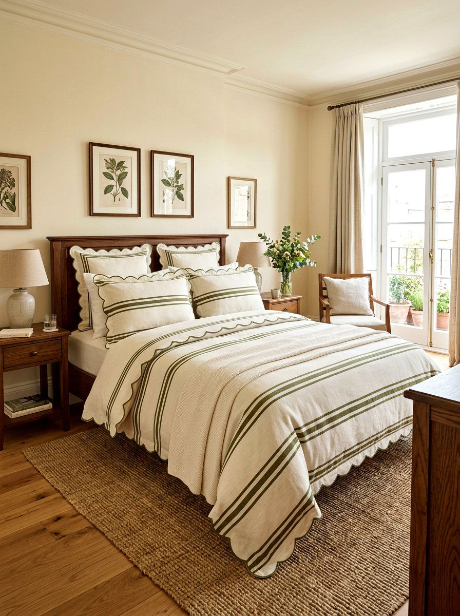 Olive Stripe Scalloped Pillow Room - 30 scalloped pillow bedding ideas