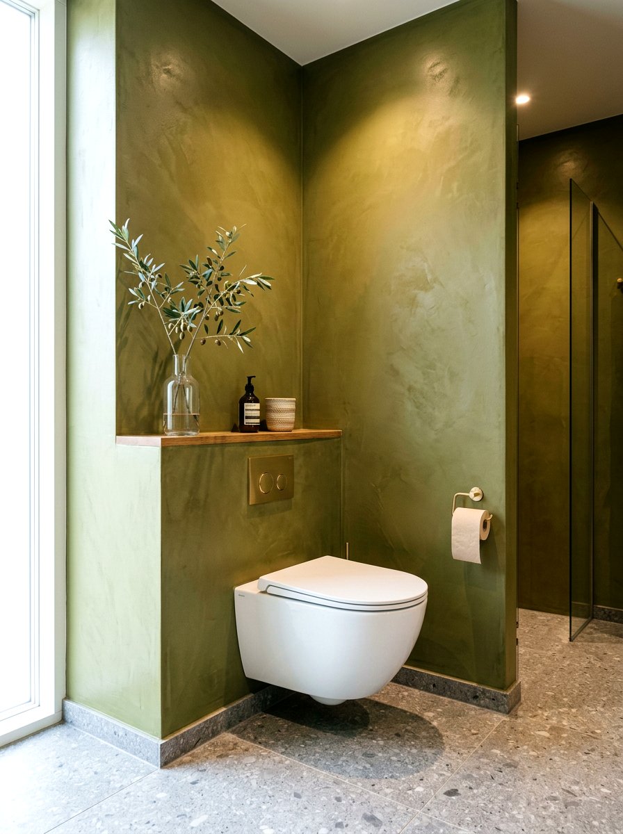 Olive Tadelakt Corner - 30 tadelakt bathroom ideas