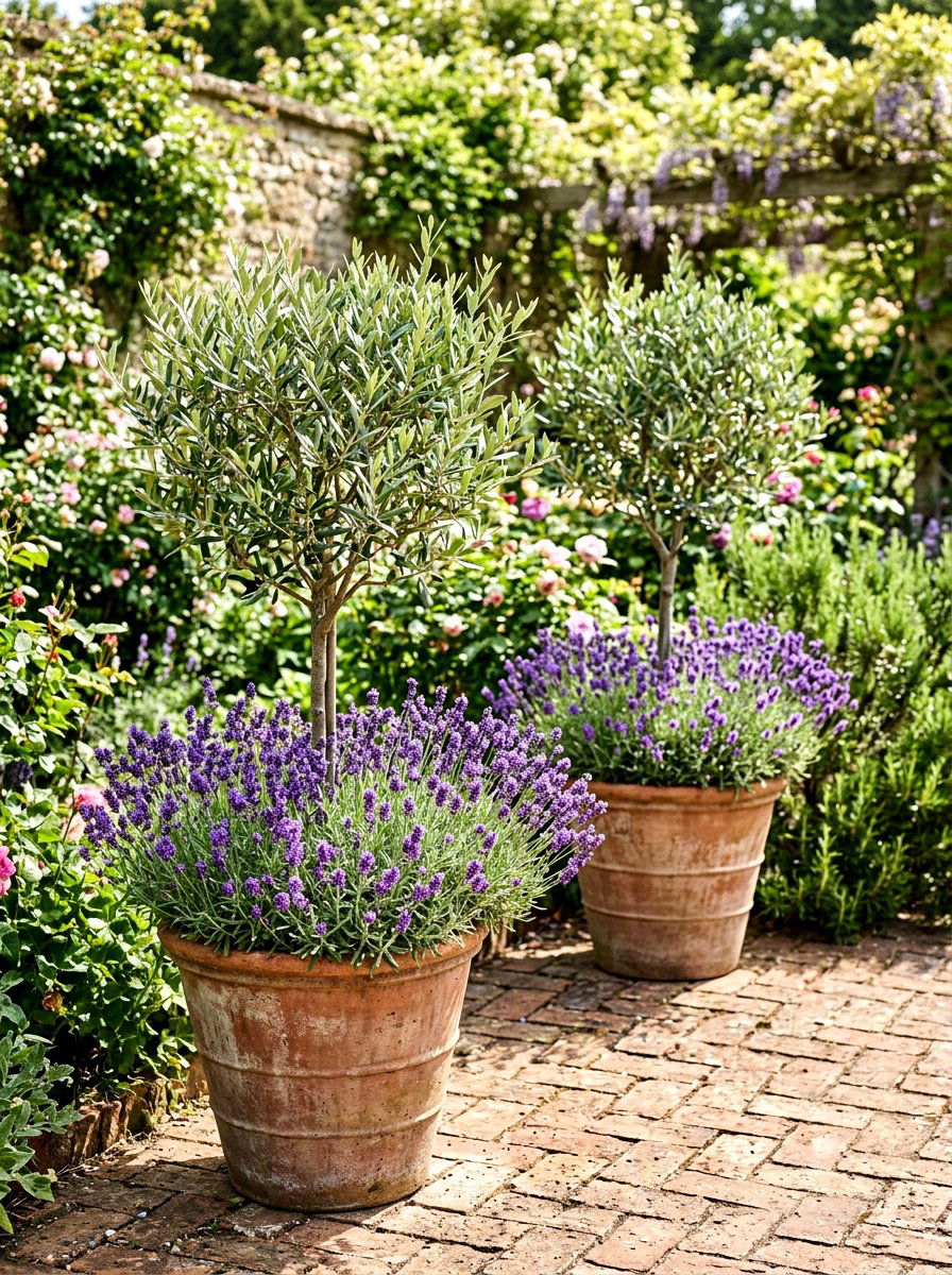 Olive Trees with Lavender - 30 potted olive backyard ideas