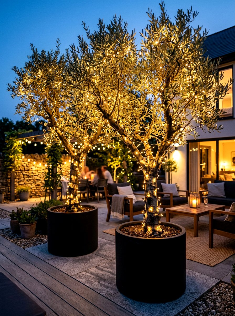 Olive Trees with String Lights - 30 potted olive backyard ideas