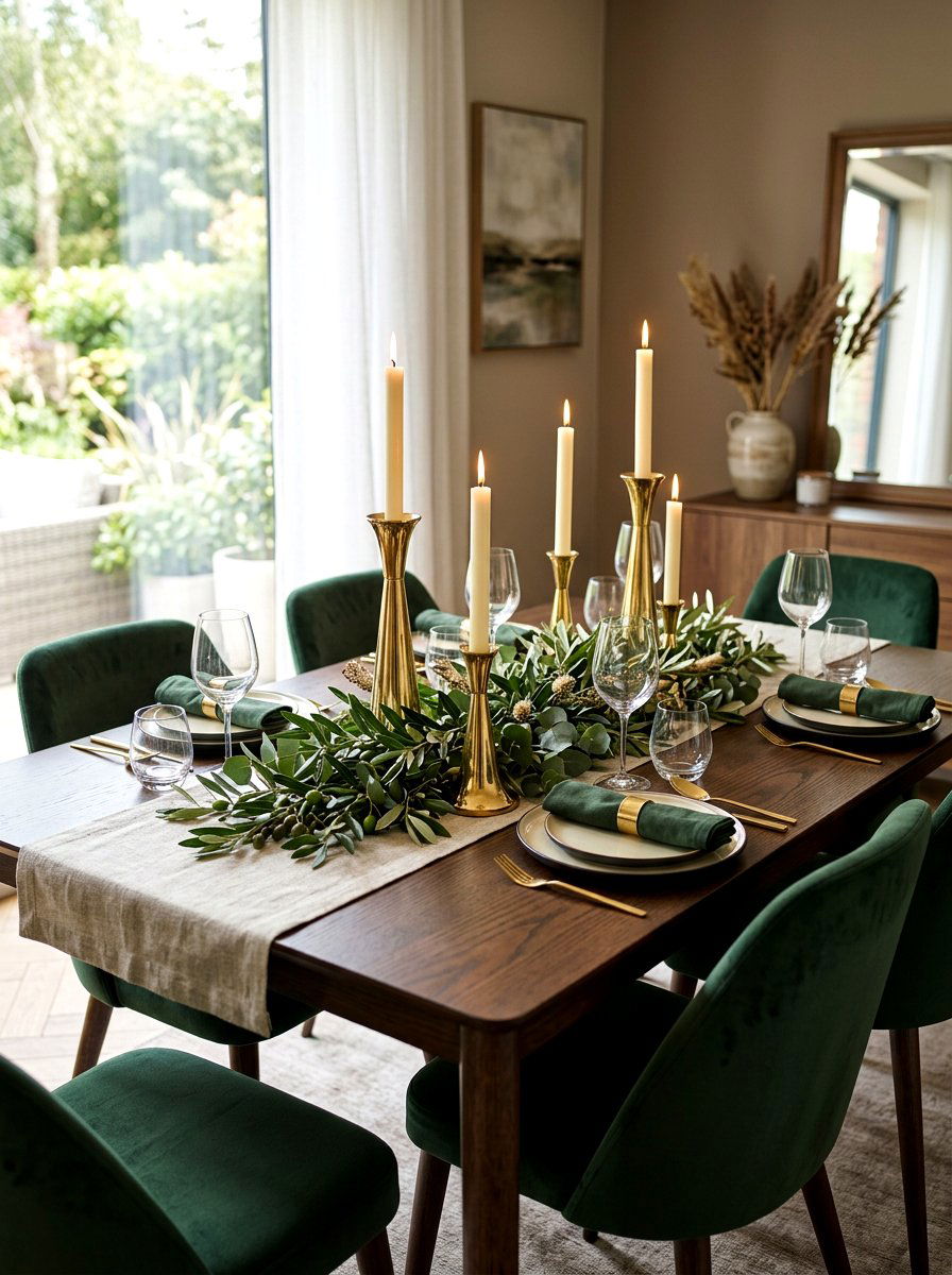 Olive and brass candle table - 30 olive tablescape ideas