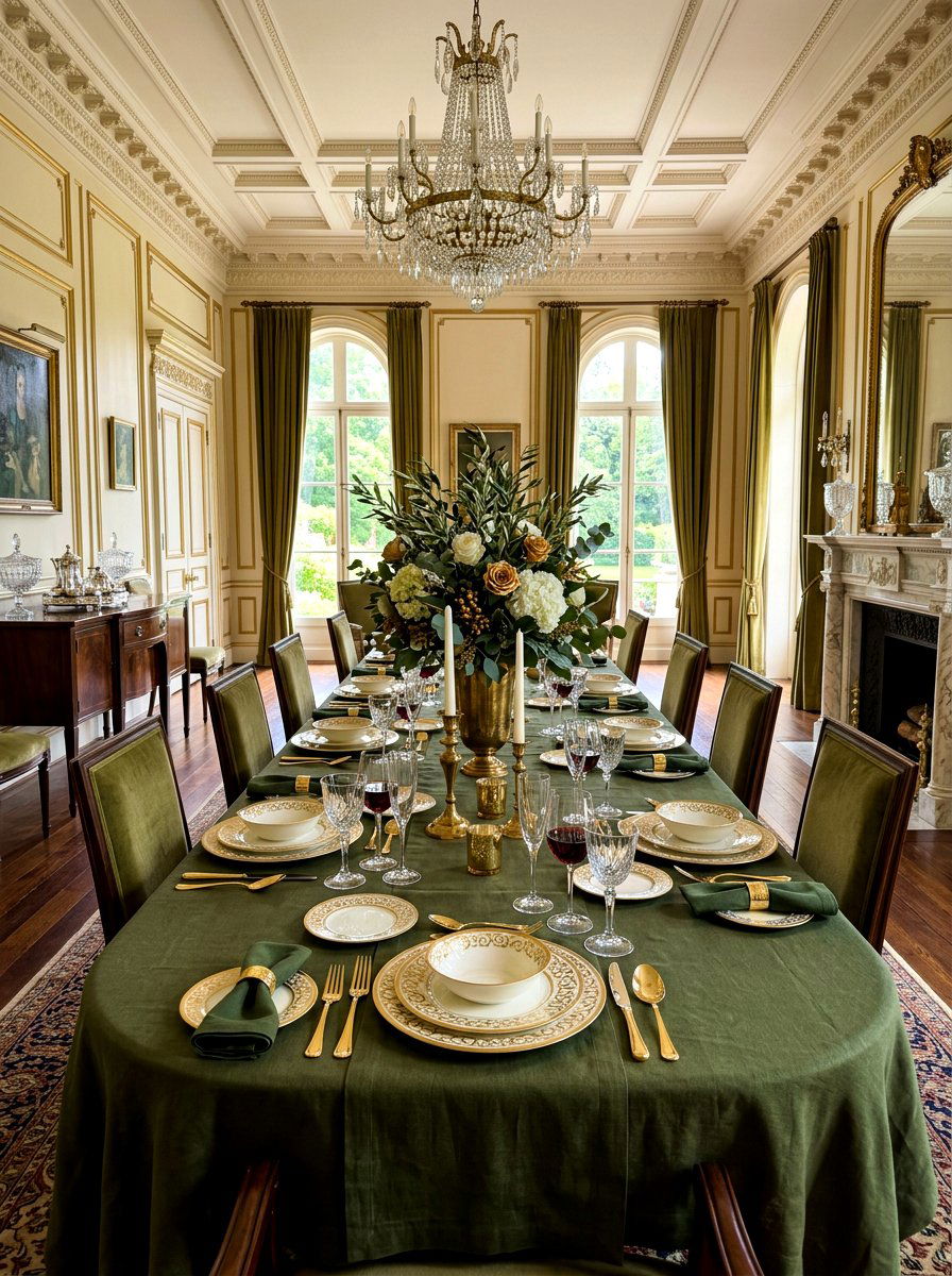 Olive and gold dinnerware table - 30 olive tablescape ideas