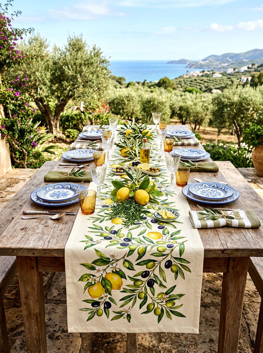 Olive branch and lemon runner - 30 fruit and floral tablescape ideas