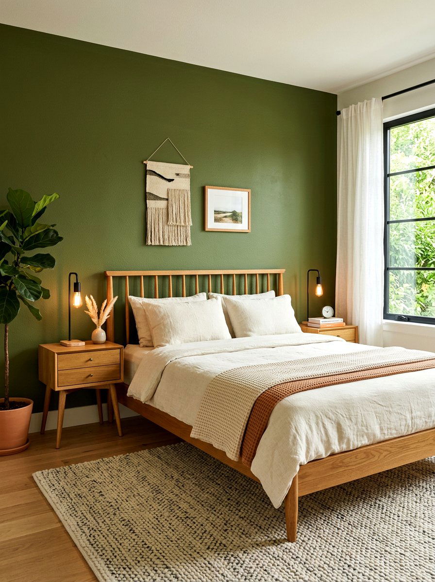 Olive green accent wall - 30 olive drab bedroom ideas