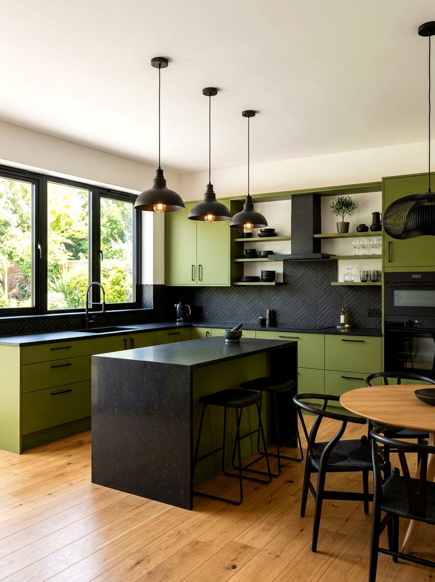 Olive green and black accents - 30 olive green kitchen ideas