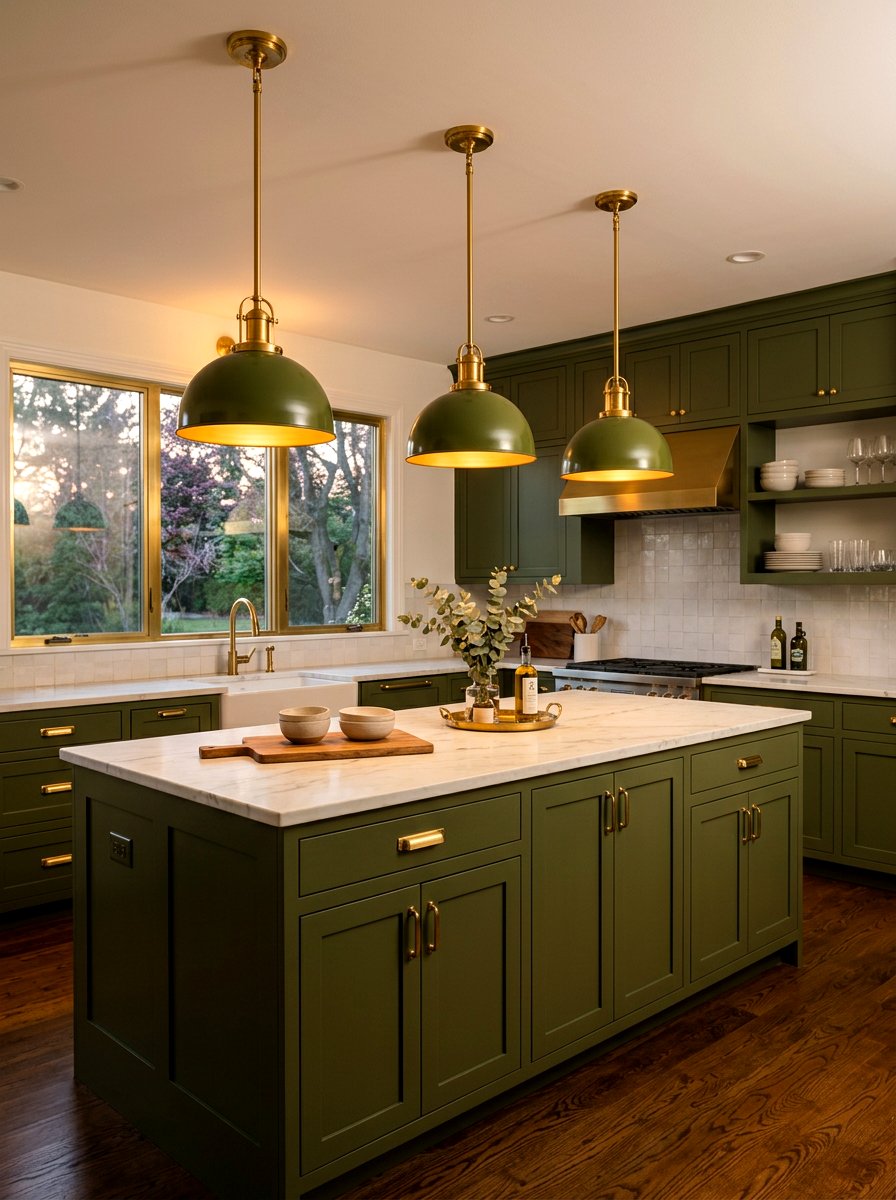 Olive green and brass lighting - 30 olive green kitchen ideas