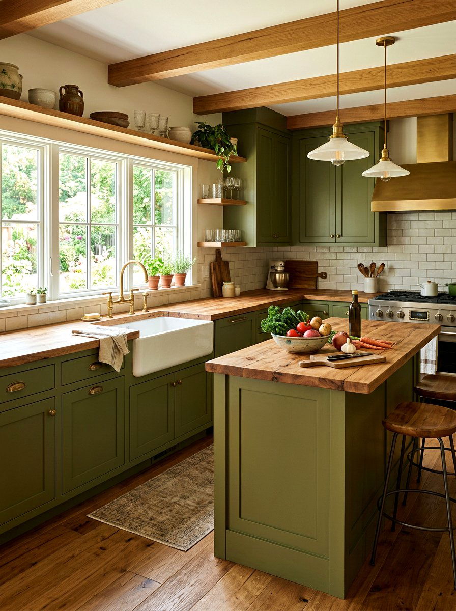 Olive green and butcher block countertops - 30 olive green kitchen ideas