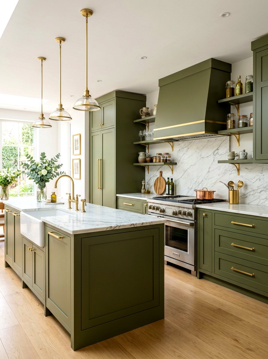 Olive green and gold hardware - 30 olive green kitchen ideas