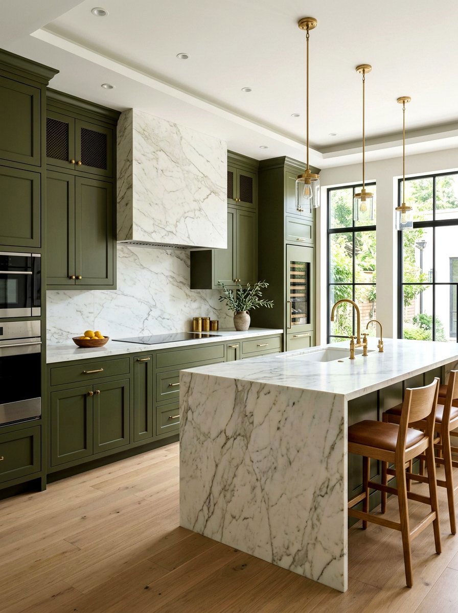 Olive green and marble countertops - 30 olive green kitchen ideas