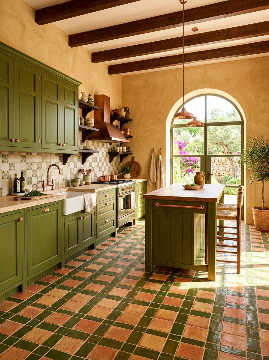 Olive green and terracotta floors - 30 olive green kitchen ideas