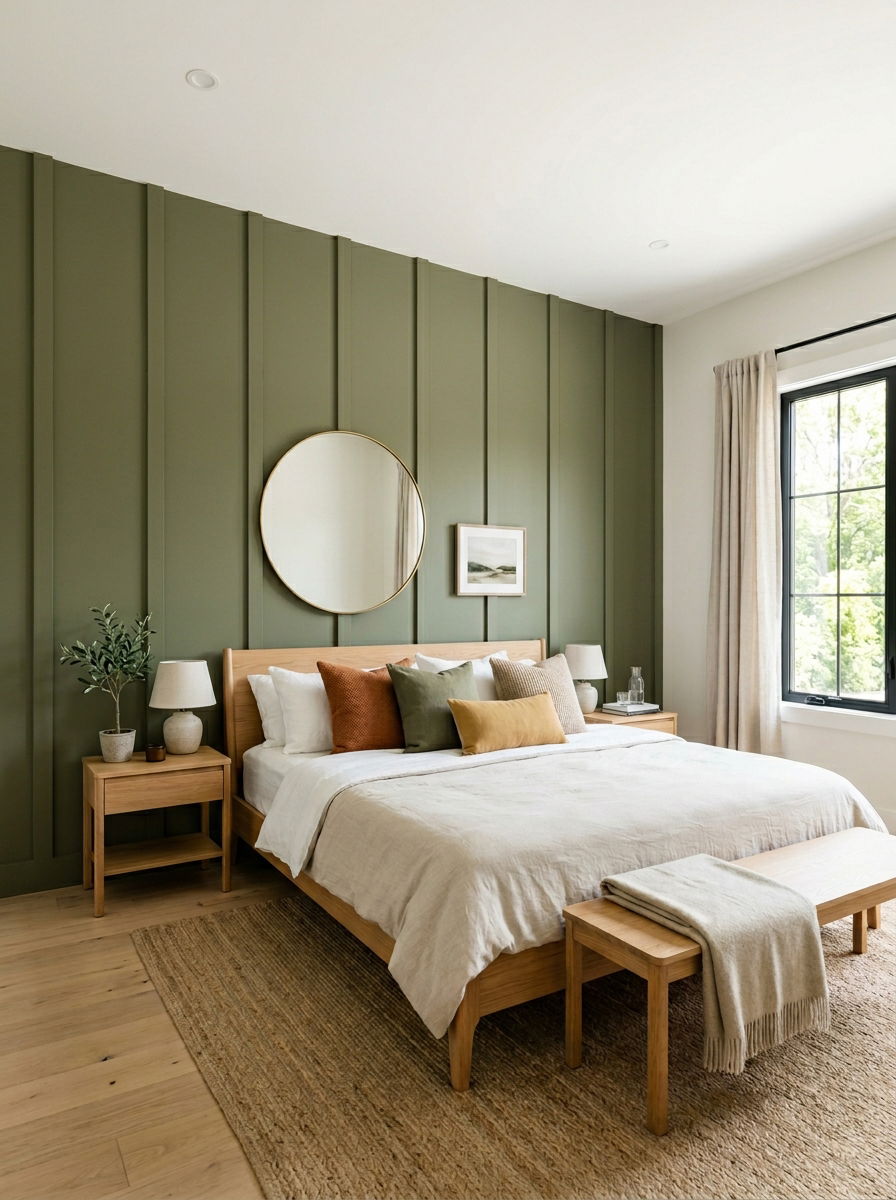 Olive green board and batten wall - 30 olive green bedroom ideas
