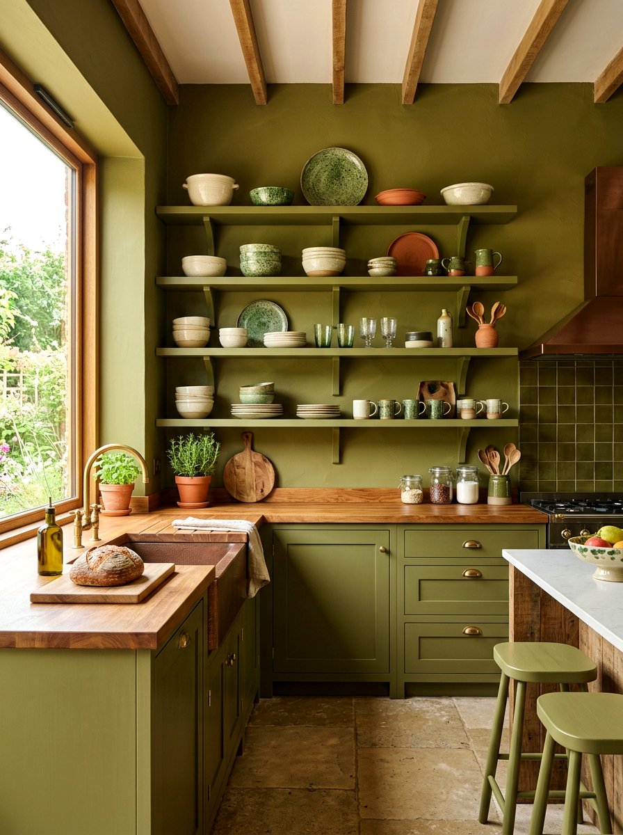 Olive green kitchen open shelving - 30 olive green kitchen ideas