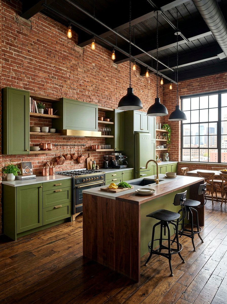 Olive green kitchen with brick wall - 30 olive green kitchen ideas
