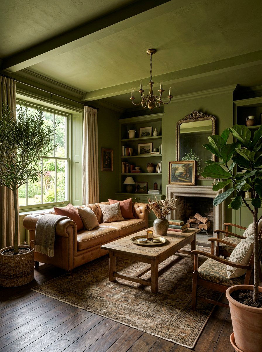 Olive green living room - 30 color drench living room ideas