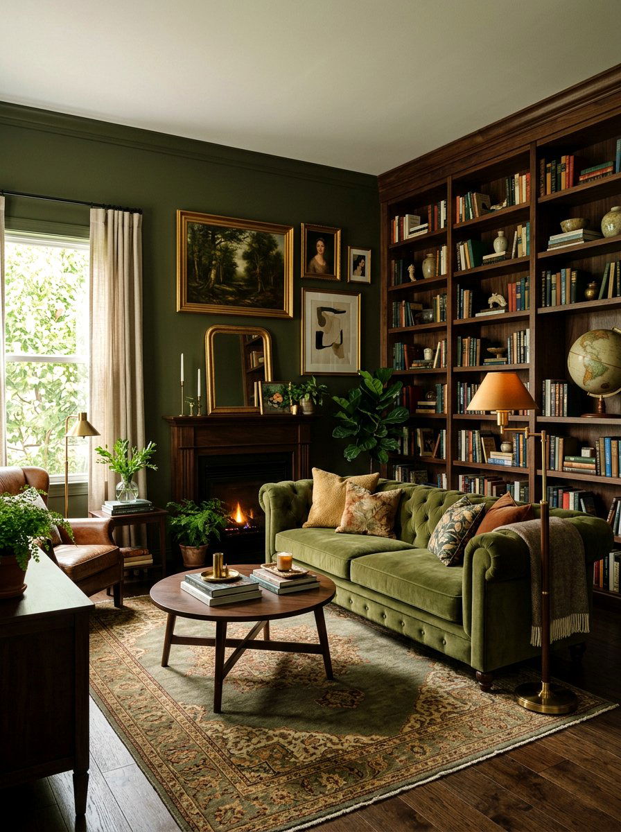 Olive green living room - 30 earth tone living space ideas