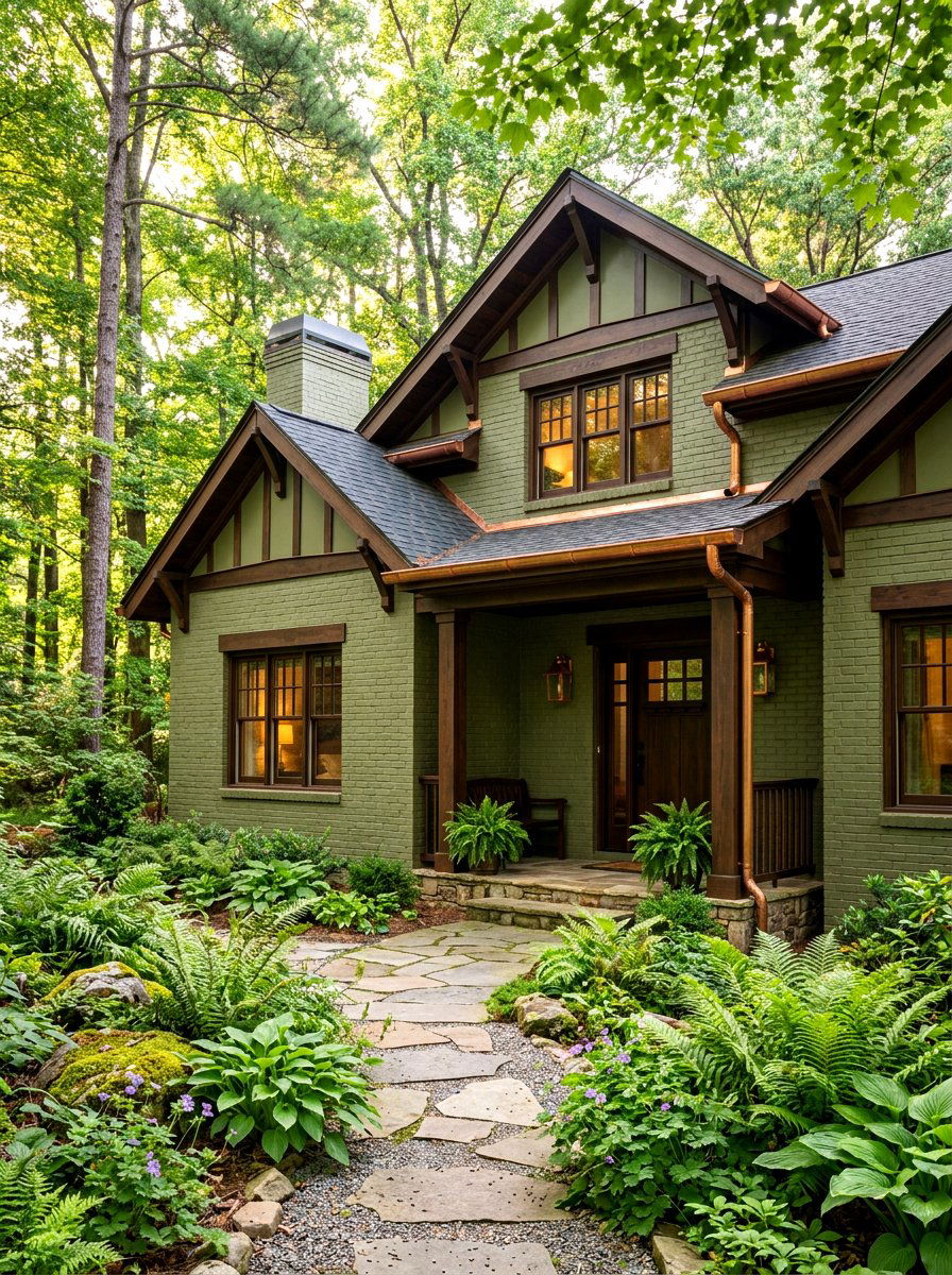 Olive green painted brick exterior - 30 painted brick house ideas