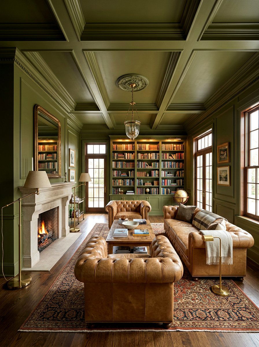 Olive green painted ceiling - 30 ceiling drench living room ideas