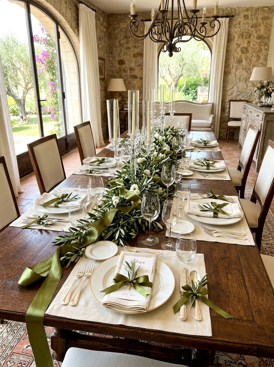 Olive green silk ribbon table - 30 olive tablescape ideas