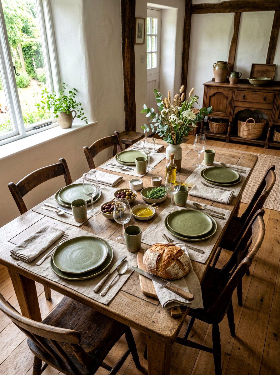 Olive green stoneware plate table - 30 olive tablescape ideas