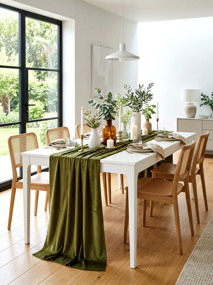 Olive green table runner setting - 30 olive tablescape ideas