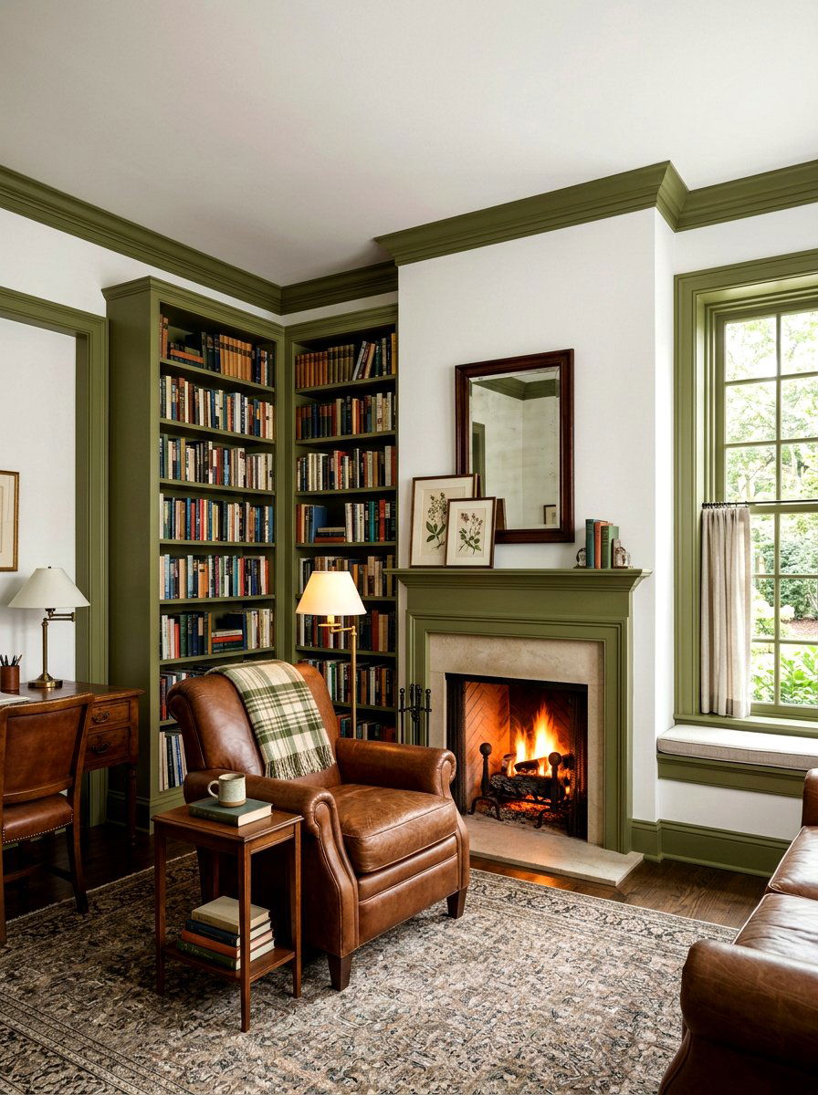 Olive green trim cozy den - 30 painted trim room ideas