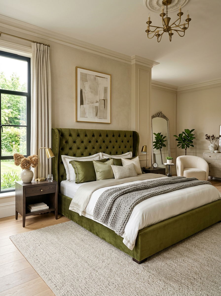 Olive green velvet bed - 30 olive green bedroom ideas