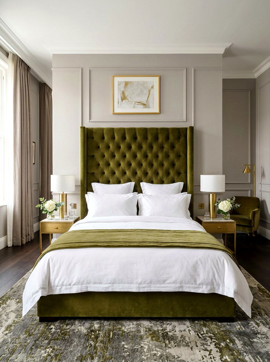 Olive green velvet headboard - 30 olive drab bedroom ideas