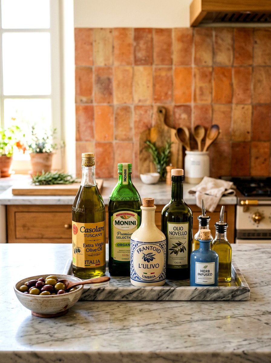 Olive oil bottle display - 30 tomato girl kitchen ideas