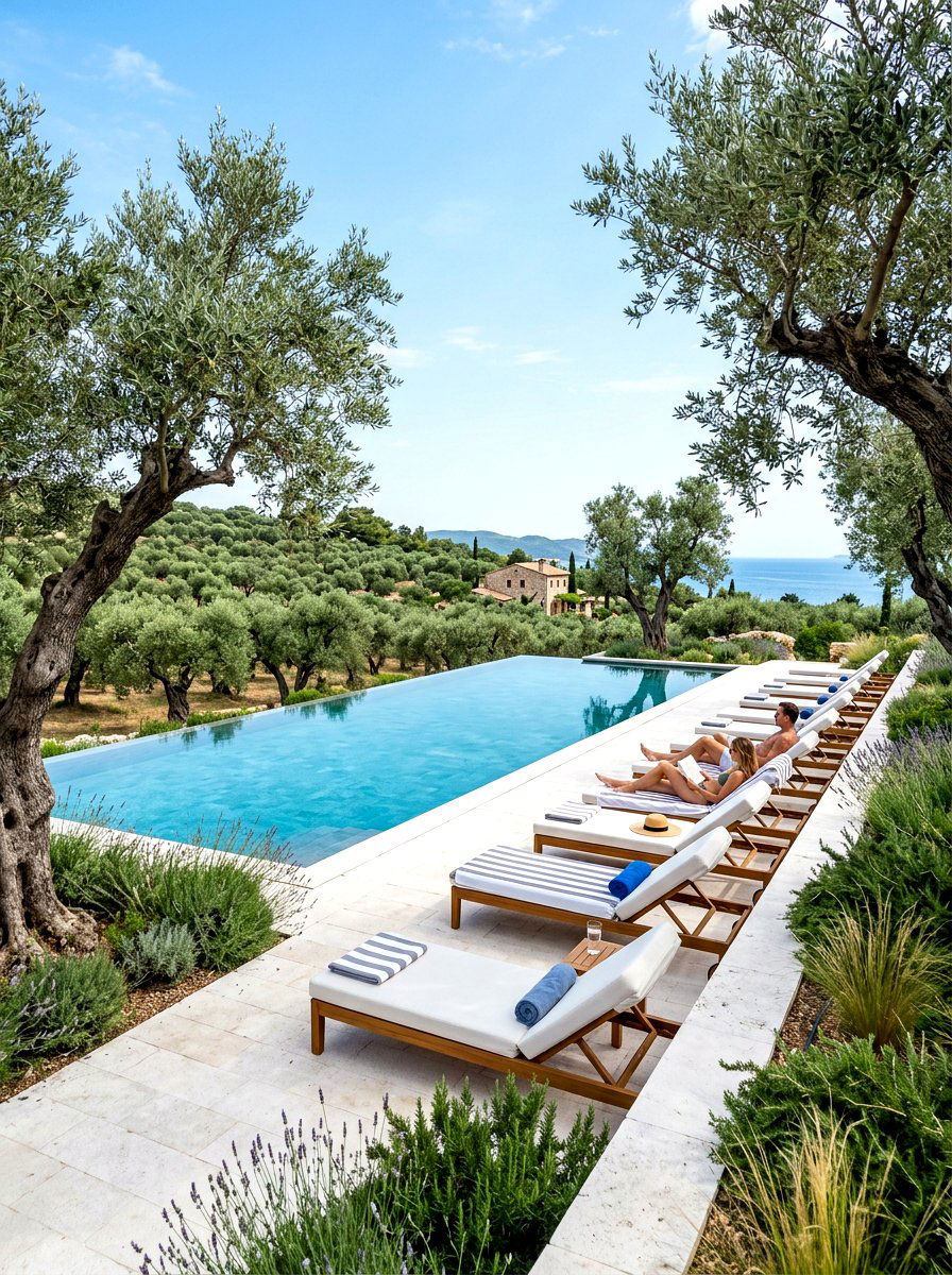Olive tree around swimming pool - 30 olive grove backyard ideas