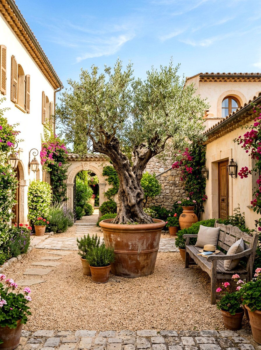 Olive tree courtyard - 30 Mediterranean front courtyard ideas
