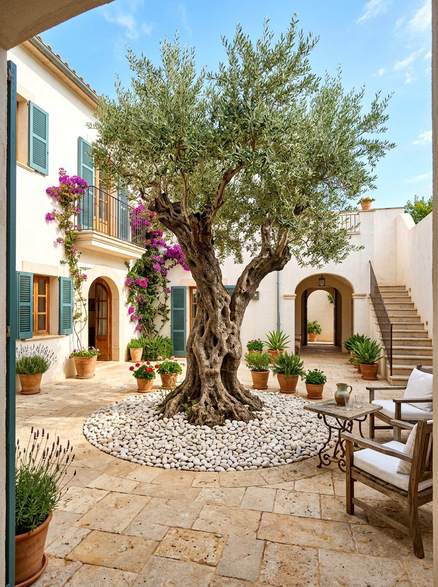 Olive tree courtyard - 30 indoor courtyard garden ideas