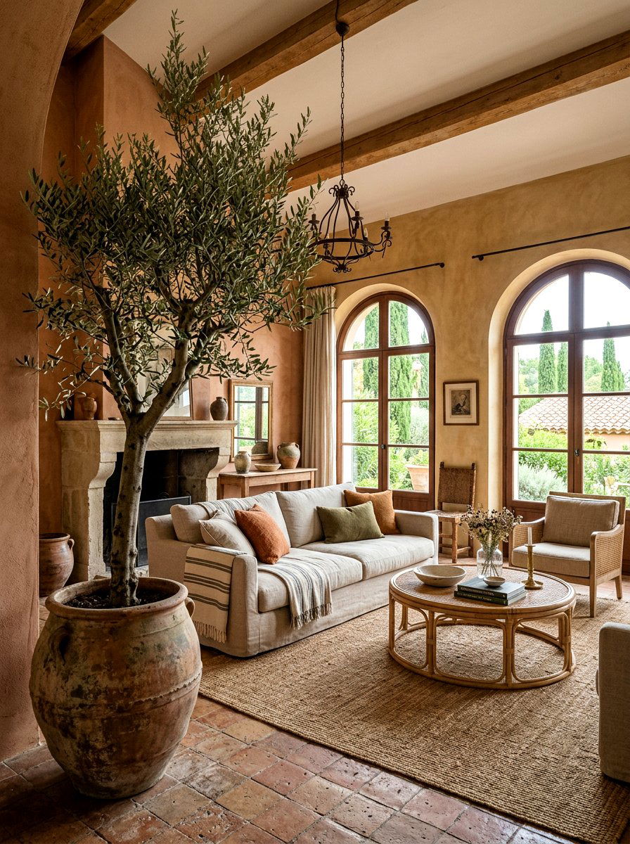 Olive tree indoor plant living room - 30 Tuscan revival living room ideas