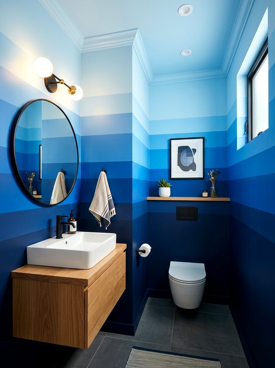 Ombre blue striped bathroom - 30 striped powder room ideas