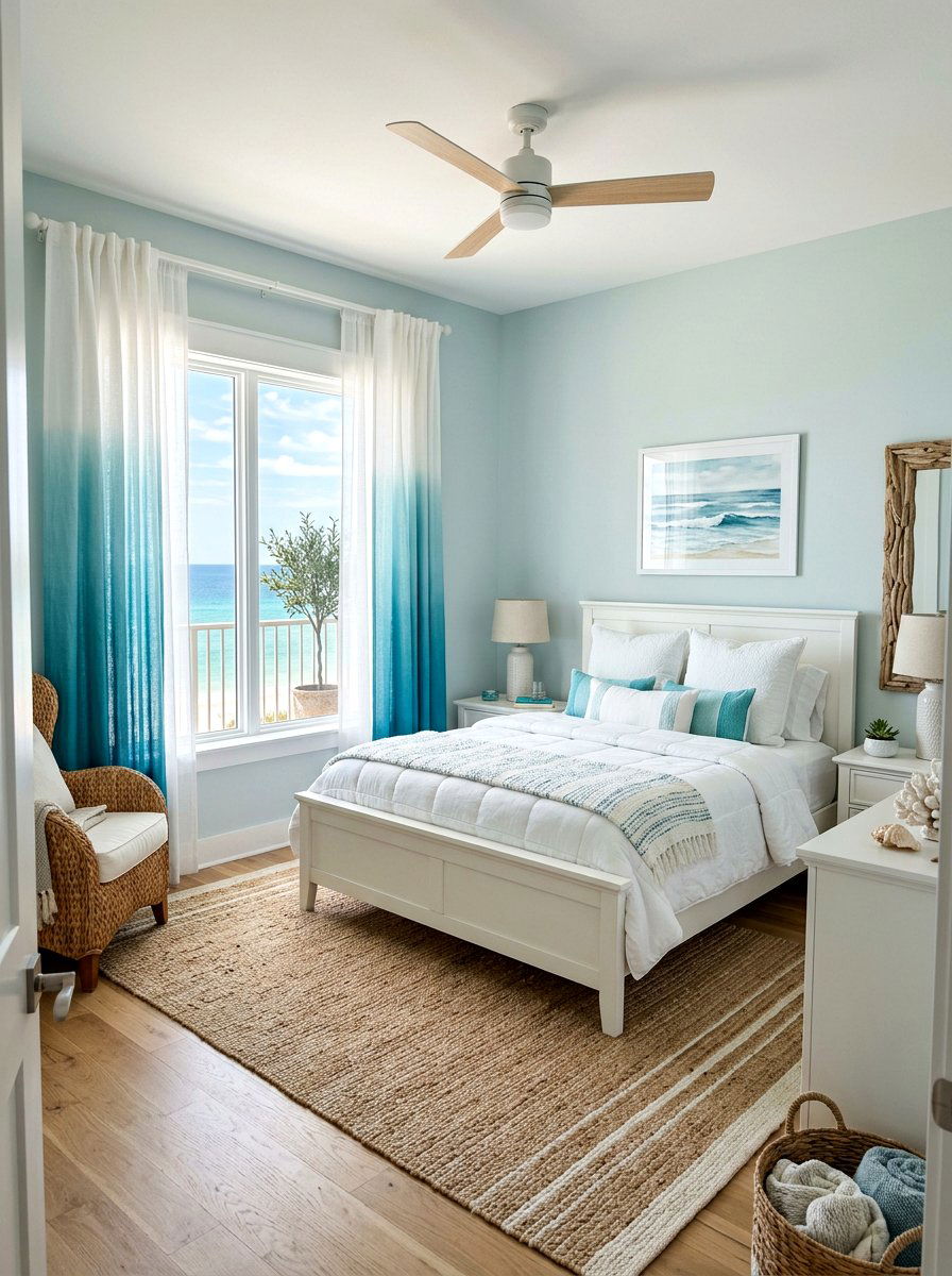 Ombre drapes over plain white sheers - 30 bedroom curtain layering ideas