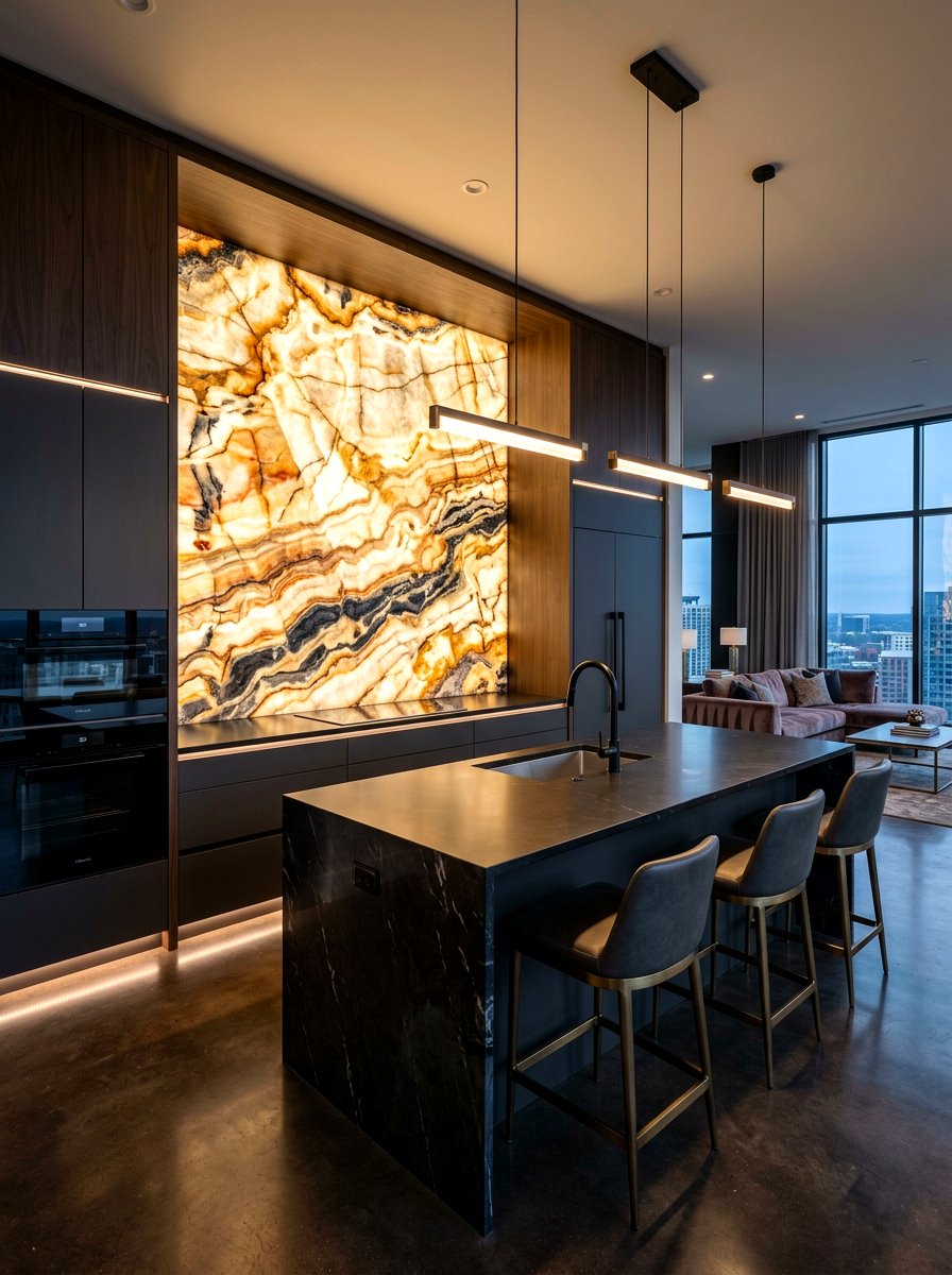 Onyx Backlit Kitchen Wall - 30 full slab stone wall kitchen ideas